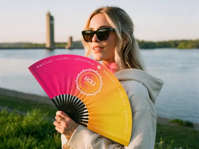 Festivalière tenant un éventail Holi Lakes au bord des Lacs de l’Eau d’Heure