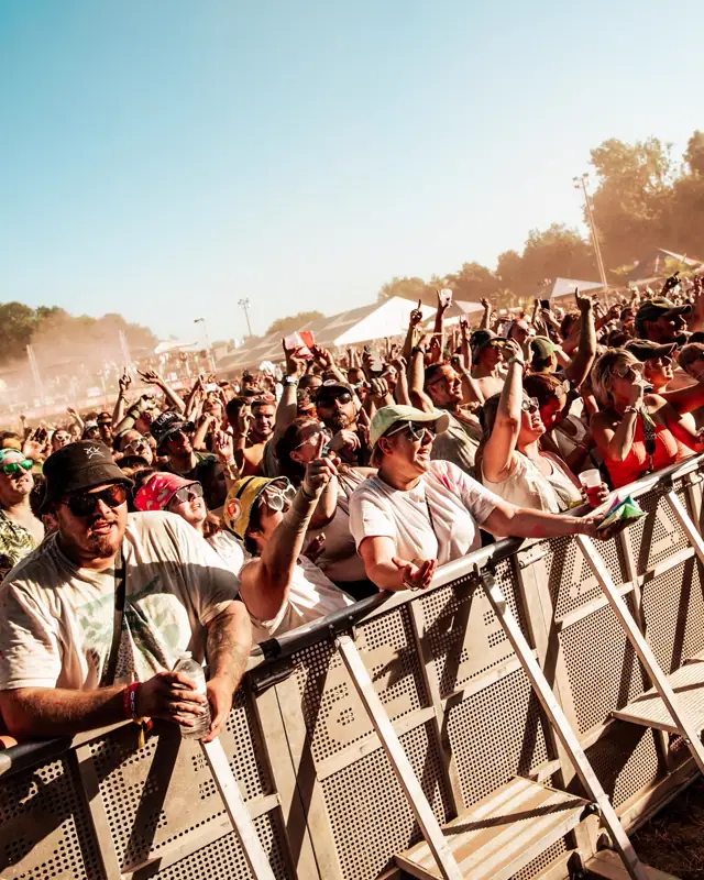Festivaliers au premier rang, dorés par le soleil couchant, les bras levés